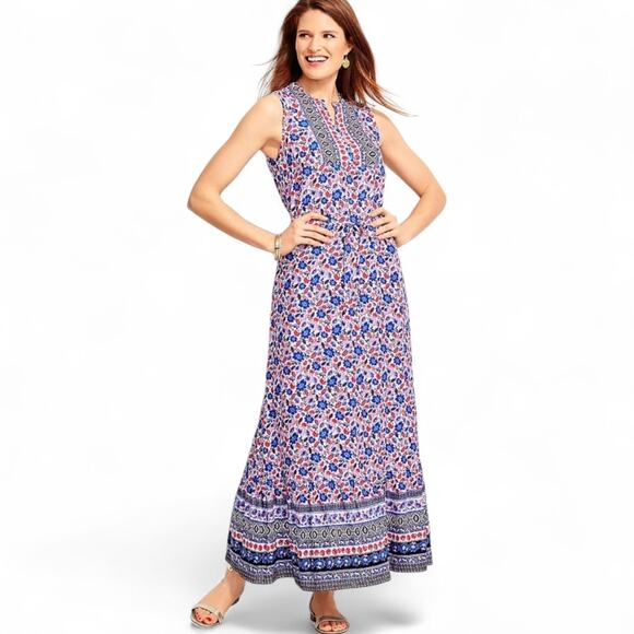 Talbots Maxi Dress Size 16 Sleeveless Boho Floral Print Blue Red Belted Long - Picture 1 of 13